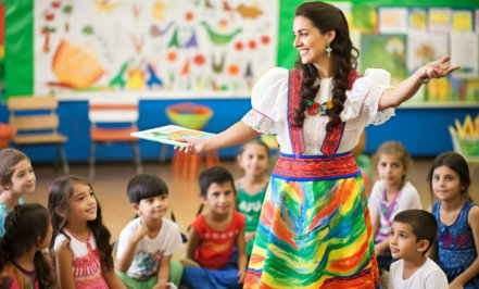 female teacher teaching and asking kids